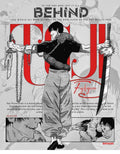 A stylized poster or cover-style graphic featuring a black-and-white illustrated character standing with chains and weapons, overlaid with large red and black text including 'BEHIND' and 'Toi Fujinone.' The design uses grayscale artwork with strong red and black typography, and includes smaller inset comic-style panels at the bottom.
