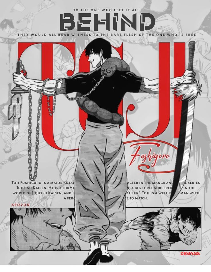 A stylized poster or cover-style graphic featuring a black-and-white illustrated character standing with chains and weapons, overlaid with large red and black text including 'BEHIND' and 'Toi Fujinone.' The design uses grayscale artwork with strong red and black typography, and includes smaller inset comic-style panels at the bottom.